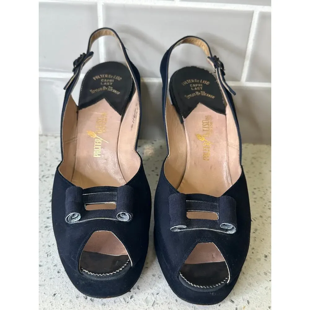 Vintage 1940s Palter De Liso Black Suede Platform Peep-Toe Slingback Heels 7 AA